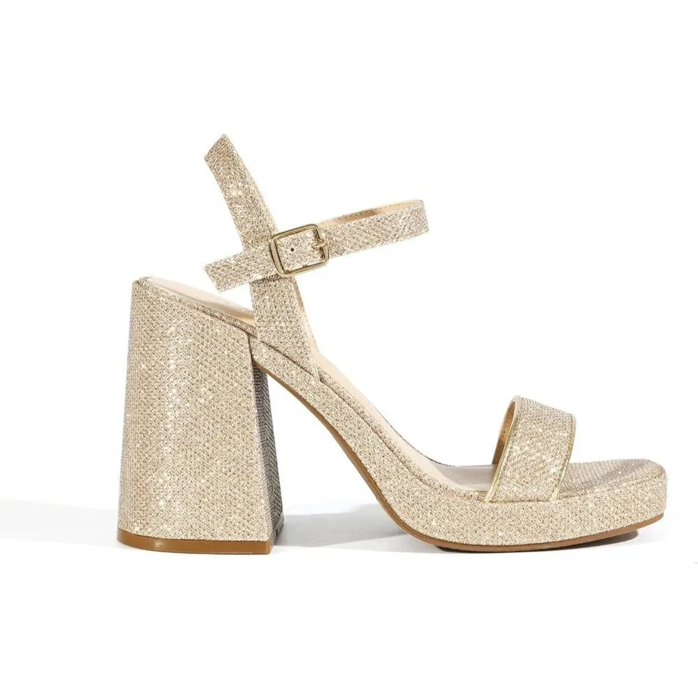 Women's Gold -Glitter Open Toe Chunky Ankle Strap Stylish Sandal Heel Shoe
